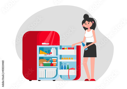 Woman with a refrigerator. Open fridge with food. Vector flat plane style illustration.
