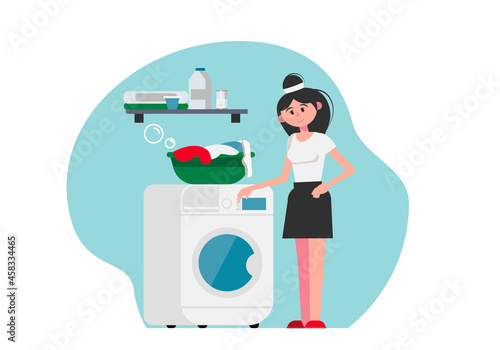 Woman with a washing machine. Laundry. Vector illustration in flat style.
