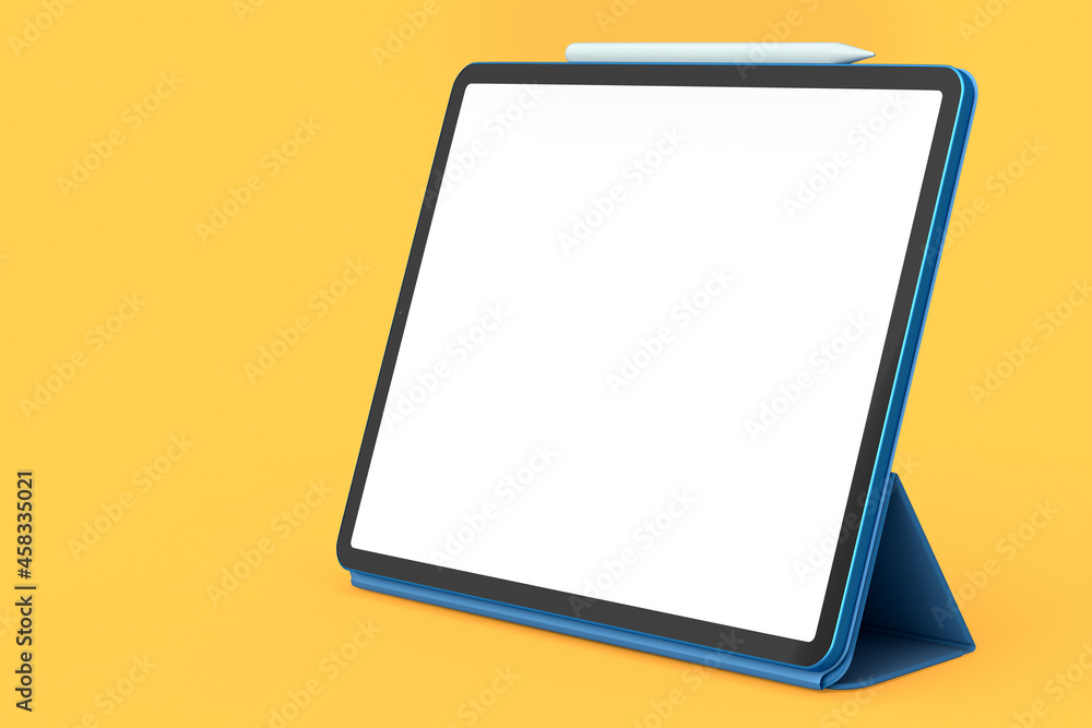 Computer tablet with blue cover case and pencil isolated on orange background. Computer tablet with blue cover case and pencil isolated on orange background.