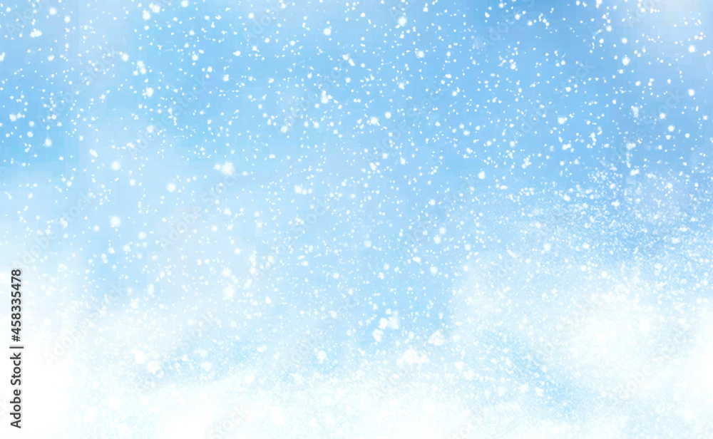 Snowy winter background. Christmas blue defocused bokeh. Snowstorm. New year snowflakes illustration. Snow texture.