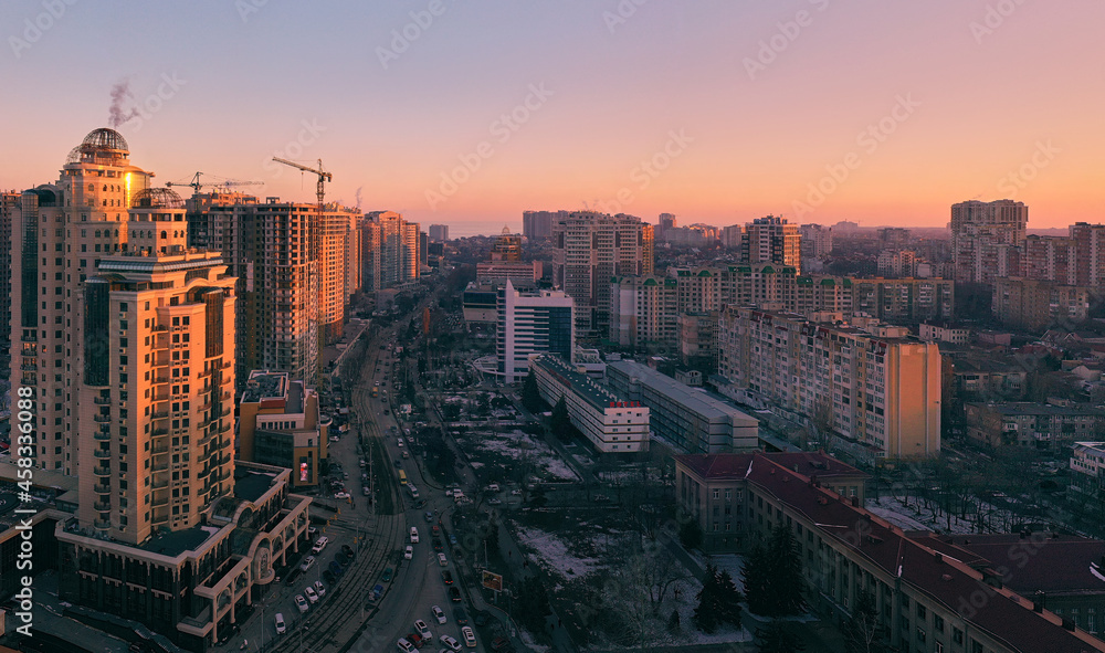 Air panorama the winter sunset on Genoese street in Odessa Ukraine. Drone footage, natural light..