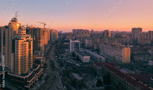 Air panorama the winter sunset on Genoese street in Odessa Ukraine. Drone footage, natural light.. © Alex