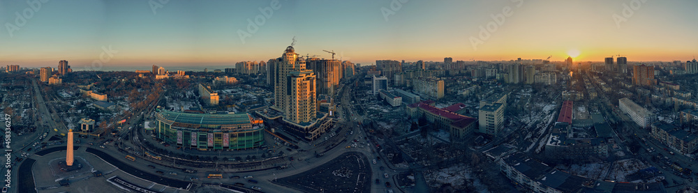 Air panorama with winter sunset on Genoese street in Odessa Ukraine.