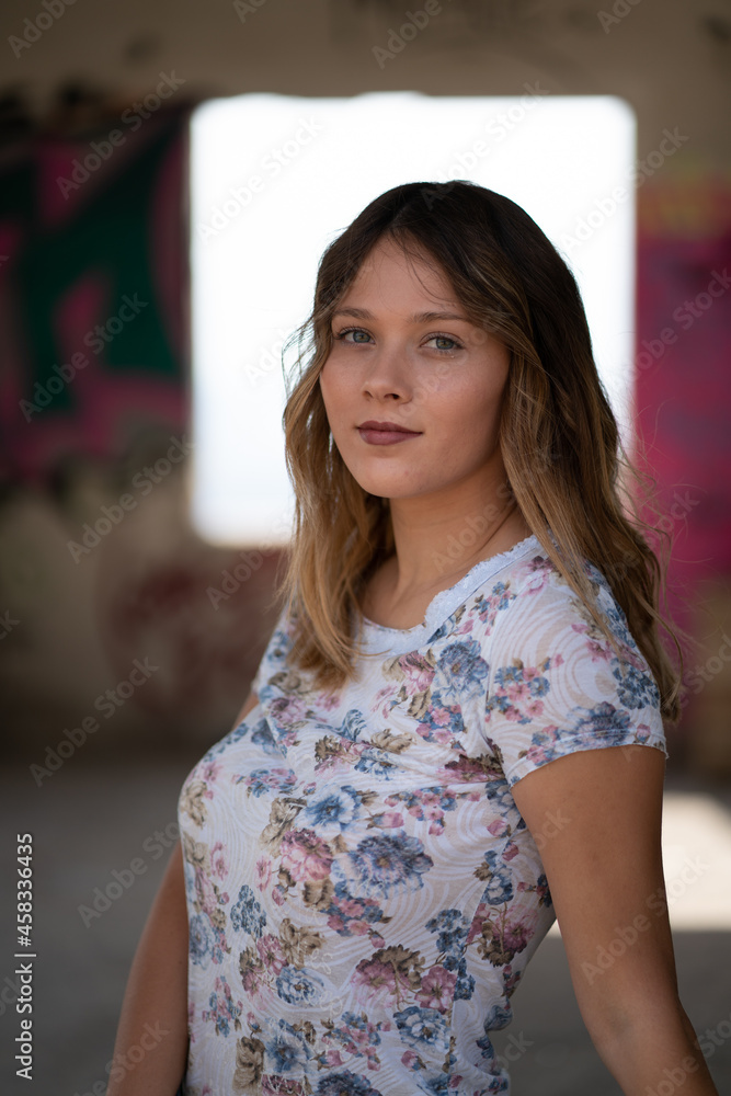 Natural Looking Young Beautiful Woman with Hazel eyes posing in abandoned building, no post editing Natural Looking Young Beautiful Woman with Hazel eyes posing in abandoned building, no post editing