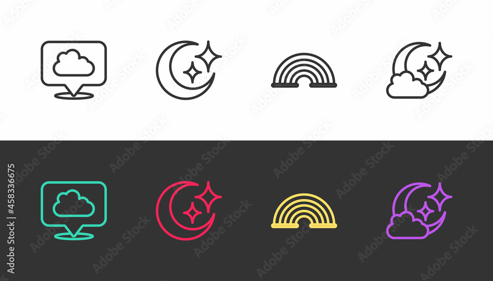 Set line Location cloud, Moon and stars, Rainbow and Cloud with moon on black and white. Vector Set line Location cloud, Moon and stars, Rainbow and Cloud with moon on black and white. Vector