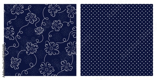 Set of floral seamless pattern and polka dot pattern.