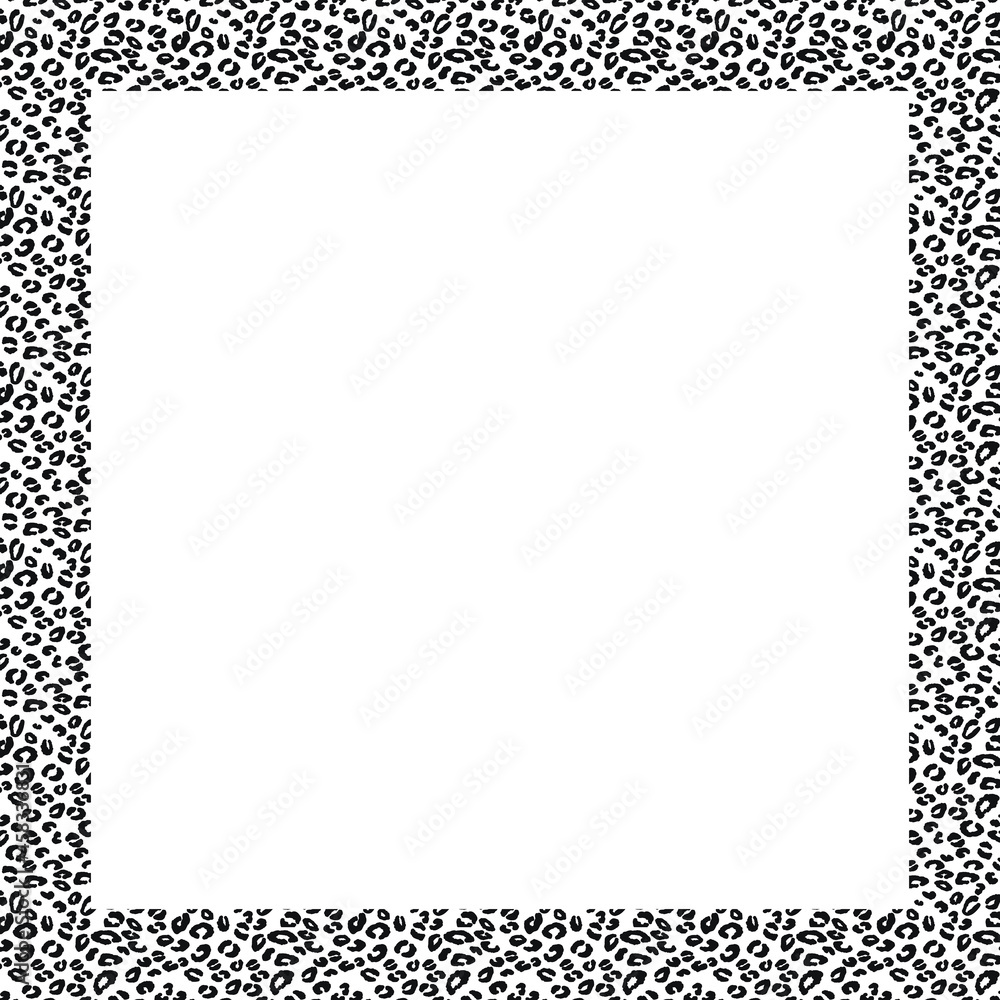 Black and white frame with modern ornament of stylized leopard skin. Round pattern in form of mandala. Decorative border with animal ornament. Trendy leather skin. Copy space. Vector illustration. Black and white frame with modern ornament of stylized leopard skin. Round pattern in form of mandala. Decorative border with animal ornament. Trendy leather skin. Copy space. Vector illustration.