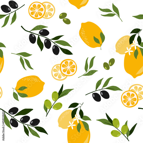 Seamless pattern of lemons and green and black olives with branches and leaves. Abstract fruit and vegetable ornament for textiles, fabrics, kitchens. Vector graphics.