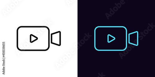 Outline video camera icon, with editable stroke. Linear projector with play sign, video content pictogram