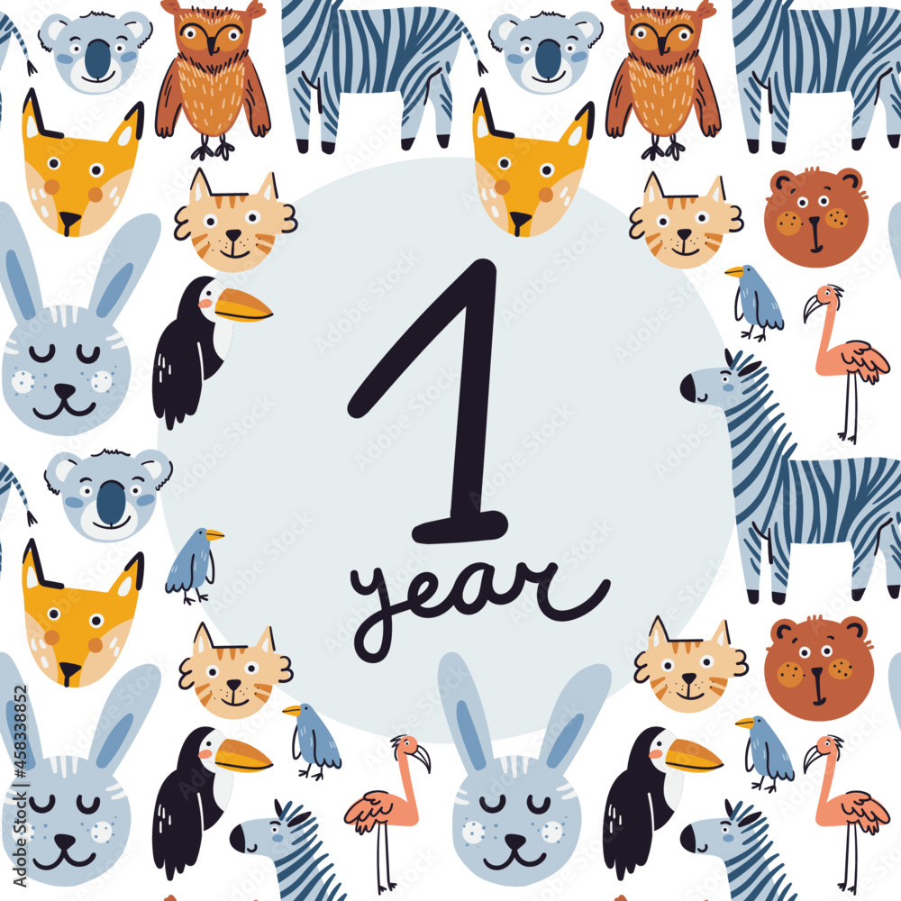 Obraz premium Nursery pattern with animals. Vector illustration of cartoon cute characters. Isolated on white rabbit, bear, zebra, owl, fox, koala, cat, bird, flamingo, toucan. Template for kids.