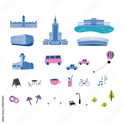 Cute illustrations of Poland landmarks. Simple vector illustration. Landmarks on a white background. Symbols of Warsaw.