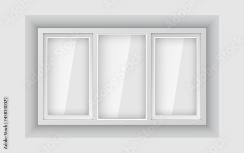 Large triple plastic window on white wall. Realistic plastic window mockup template. White windowpane frame with clear pane.