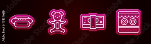 Set line Hotdog, Teddy bear plush toy, Stacks paper money cash and Shooting gallery. Glowing neon icon. Vector