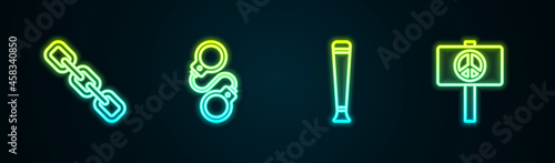 Set line Chain link, Handcuffs, Police rubber baton and Peace. Glowing neon icon. Vector