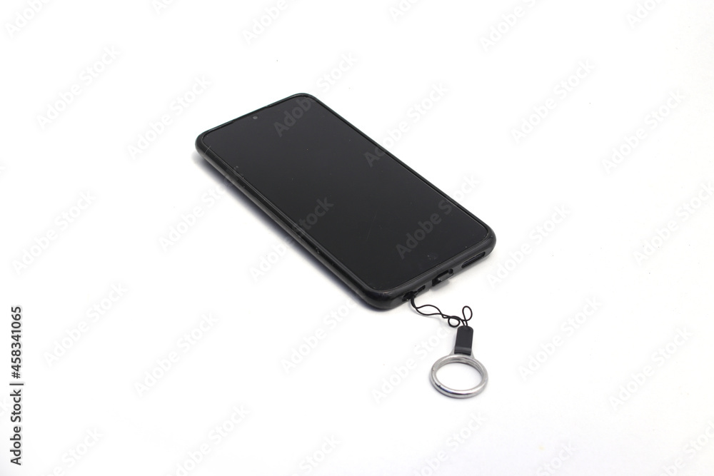 Black phone with black screen, tempered glass, and key chain, isolated on white background Black phone with black screen, tempered glass, and key chain, isolated on white background