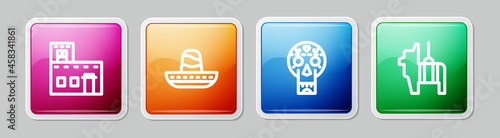 Set line Mexican house, sombrero, skull and Pinata. Colorful square button. Vector