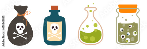 Cartoon Halloween bottles with poison vector set