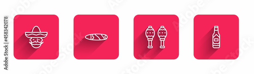 Set line Mexican man sombrero, Cigar, Maracas and Tabasco sauce with long shadow. Red square button. Vector
