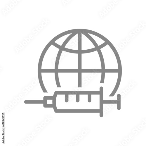Medical syringe and the globe Earth line icon. World vaccination, population vaccination statistics, injection symbol