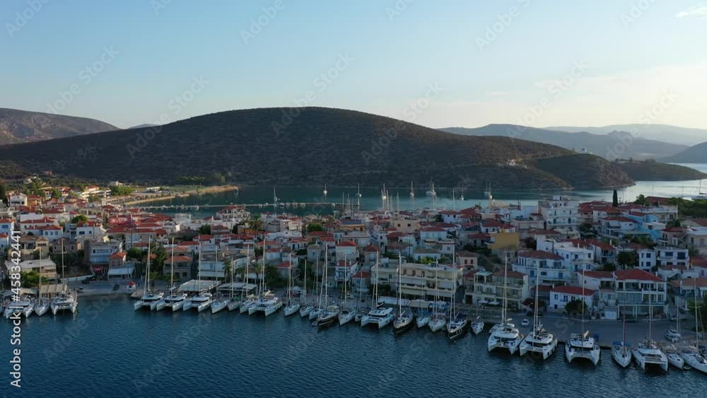 Aerial view of Ermioni old town and marina or seaport, Greece - drone videography Aerial view of Ermioni old town and marina or seaport, Greece - drone videography