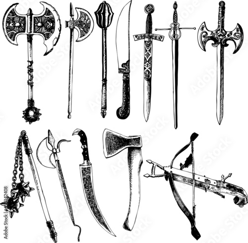 Medieval weapons vector set. Axe, sword, billhook, crossbow, claymore, halberd, flail, 
flanged mace, spiked mace. photo