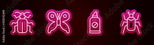 Set line Chafer beetle, Butterfly, Spray against insects and Beetle bug. Glowing neon icon. Vector