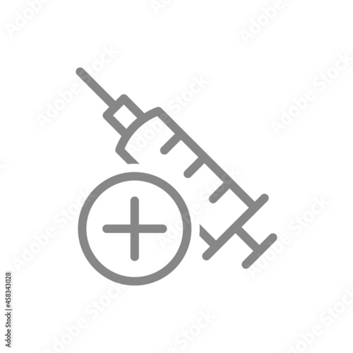 Medical syringe and plus line icon. New sterile syringe, injection, medical instrument, successful vaccination symbol