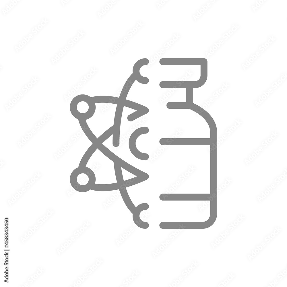 Medical ampoule and atom line icon. Vaccine, serum, vaccine development, nuclear medicine symbol