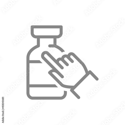 Medical ampoule and hand line icon. Vaccination, immunization, serum, vaccine symbol