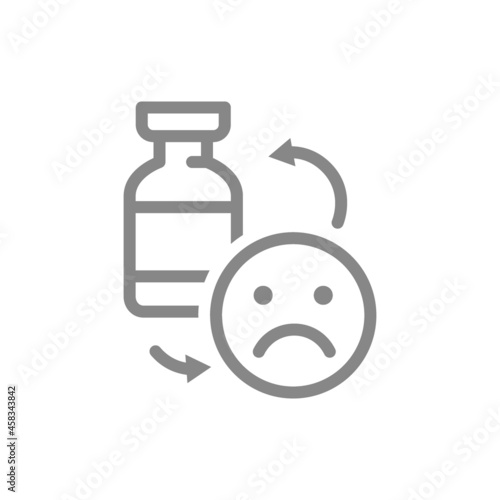 Medical ampoule and sad face line icon. Vaccination, consequences of vaccination, negative feedback symbol