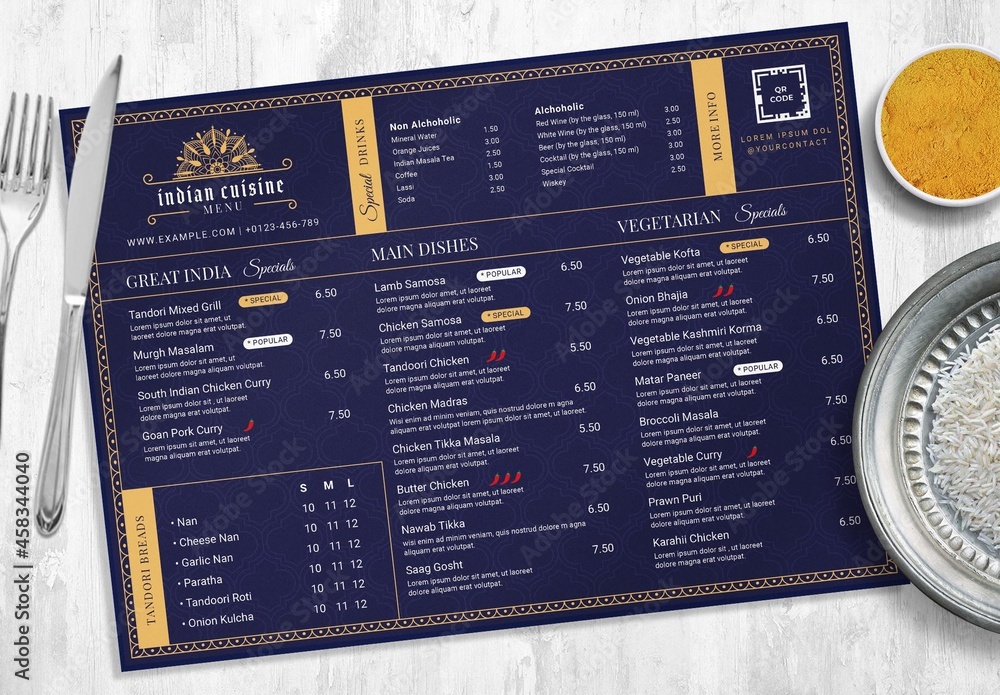 Indian Restaurant Food Menu with Landscape Table Mat Menu Layout Stock Template Adobe Stock