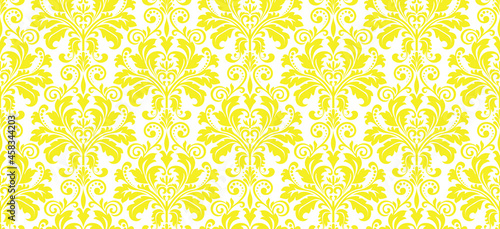 Wallpaper in the style of Baroque. Seamless vector background. White and yellow floral ornament. Graphic pattern for fabric, wallpaper, packaging. Ornate Damask flower ornament