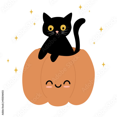 cute cartoon halloween vector illustration with adorable black cat in a pumpkin
