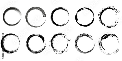 Big set of grunge round frames. Trendy design with brush strokes. Isolated on white background. Vector.