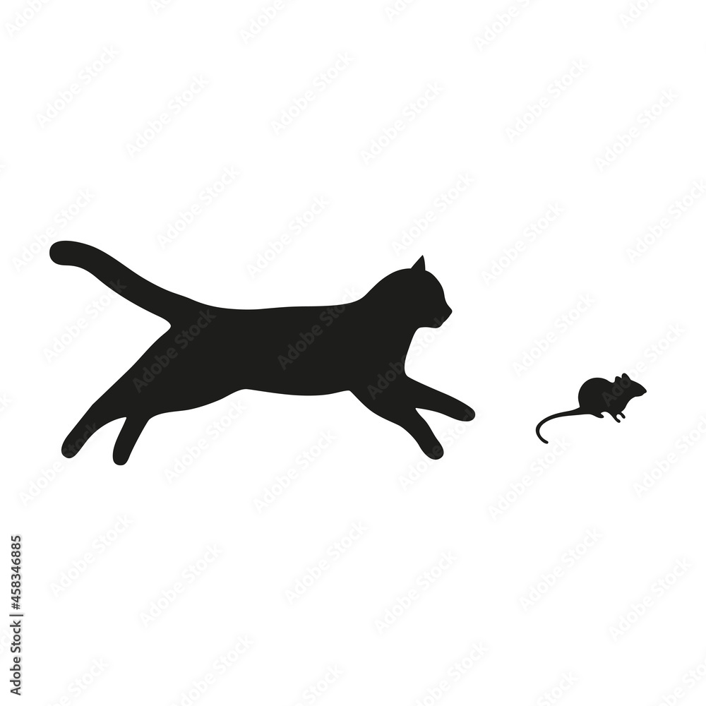 illustration of a cat running over a mouse on a white background