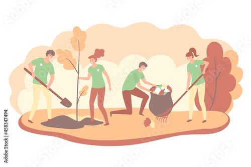 Volunteers cooperating together and cleaning up autimn city park, they are collecting and separating waste, environmental protection concept. Vector illustration.
