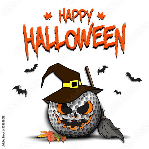 Happy Halloween. Template golf design. Golf ball in the form of a pumpkinin in witch hat on an isolated background. Pattern for banner, poster, greeting card, invitation. Vector illustration photo