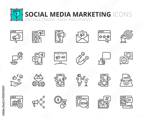 Simple set of outline icons about social media marketing