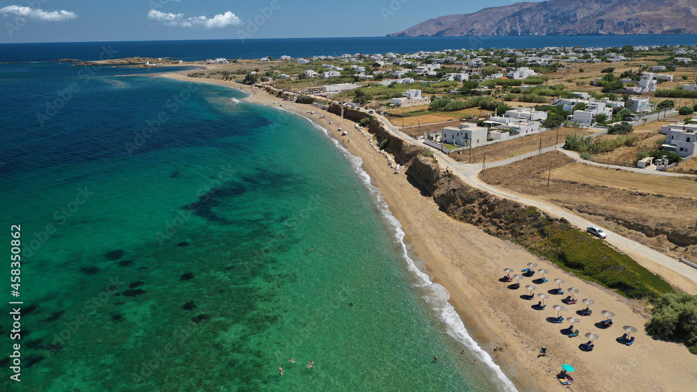 Aerial drone photo of paradise sandy emerald beach of Girismata, Aegean sea, Skiros island, Sporades, Greece