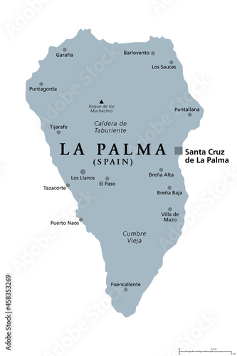 La Palma island, gray political map with capital Santa Cruz. San Miguel de La Palma, north-western island of Canary Islands, autonomous community of Spain. With Caldera de Taburiente and Cumbre Vieja.