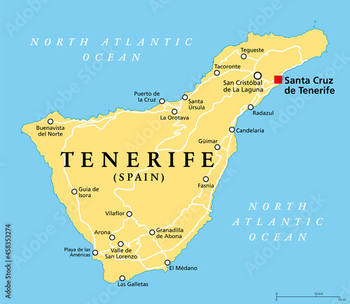 Tenerife island, political map, with capital Santa Cruz de Tenerife. Largest and most populous island of Canary Islands, an archipelago and autonomous community of Spain, in the North Atlantic Ocean.