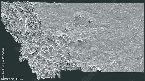 Topographic negative relief map of the Federal State of Montana, USA with white contour lines on dark gray background