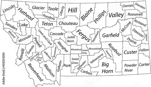 White vector map of the Federal State of Montana, USA with black borders and name tags of its counties