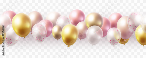 Balloon seamless border isolated on transparent background. Vector realistic gold, pink, bronze, golden rose, white and silver festive 3d helium balloons for anniversary, birthday party design