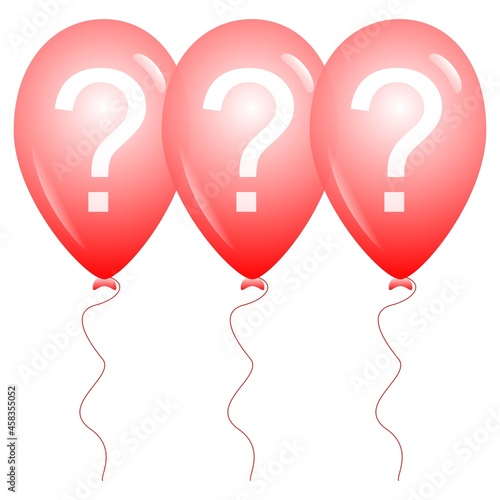 question mark on balloon, three red balloons on white background - concept of help and easy solutions, quick answers to questions 