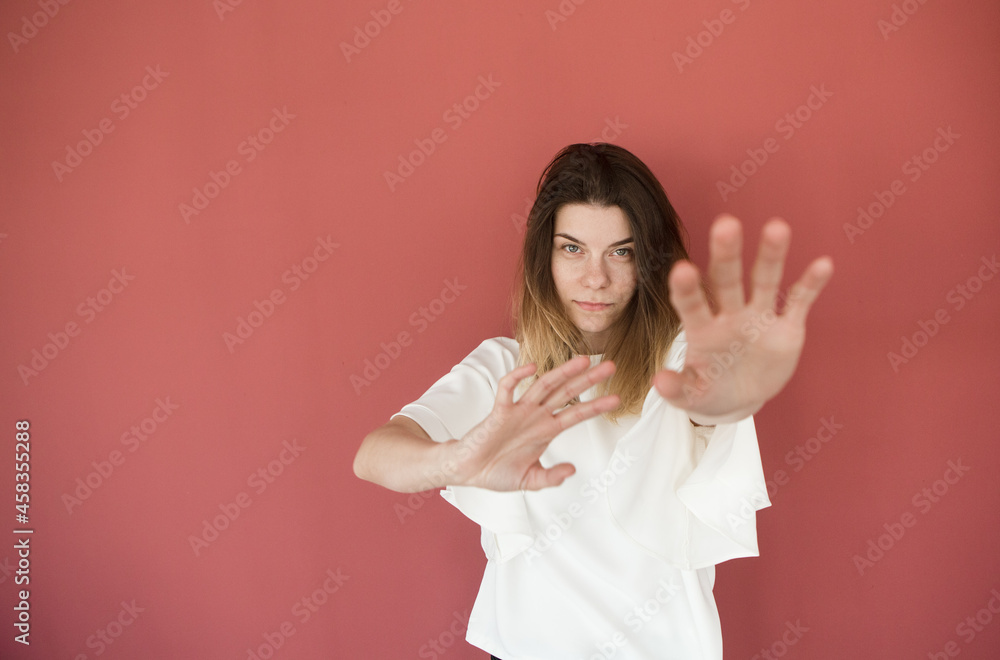hand front close up woman wants stop hand front close up woman wants stop
