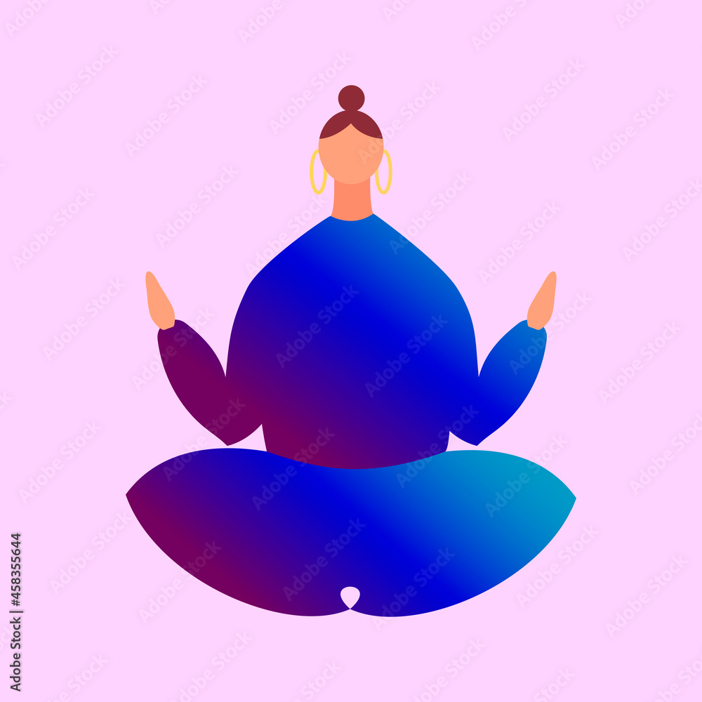 A woman in blue clothes sitting in a lotus pose. The cartoon character does yoga. Concept of balance, healthy lifestyle, sports, harmony A woman in blue clothes sitting in a lotus pose. The cartoon character does yoga. Concept of balance, healthy lifestyle, sports, harmony