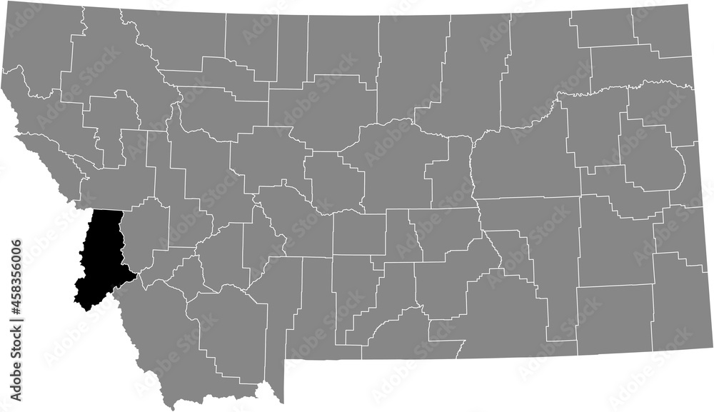 Obraz premium Black highlighted location map of the Ravalli County inside gray map of the Federal State of Montana, USA