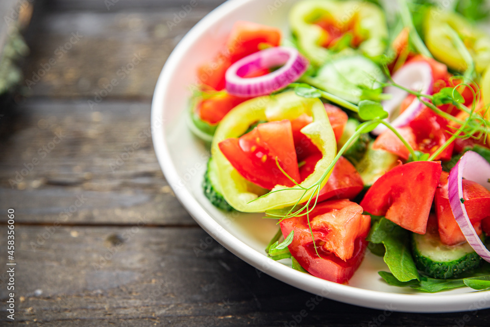 salad vegetables tomato, cucumber, pepper, onion, olive oil healthy food fresh portion veggie ready to eat meal snack on the table copy space food background rustic keto or paleo diet vegan salad vegetables tomato, cucumber, pepper, onion, olive oil healthy food fresh portion veggie ready to eat meal snack on the table copy space food background rustic keto or paleo diet vegan