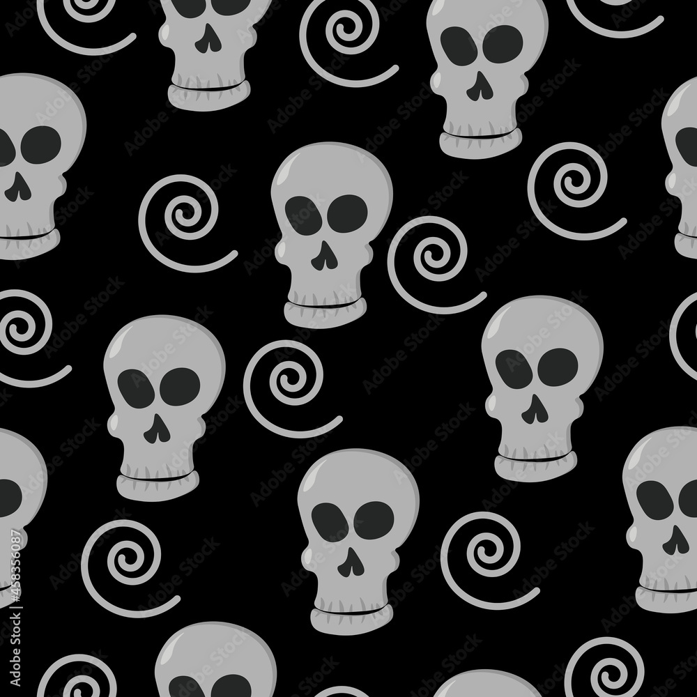 skull and spirals seamless pattern on black background